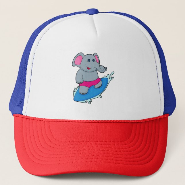 Elephant as Surfer with Surfboard Trucker Hat (Front)