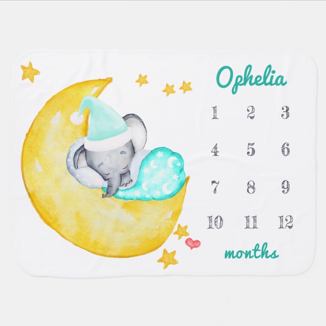 Elephant Asleep on Moon Personalized Milestone Baby Blanket (Horizontal)