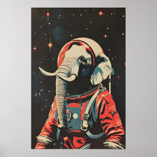 Elephant Astronaut Poster, Elephant Retro Print