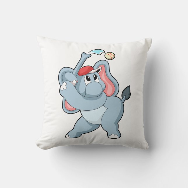 Elephant at Baseball Throw Pillow (Front)
