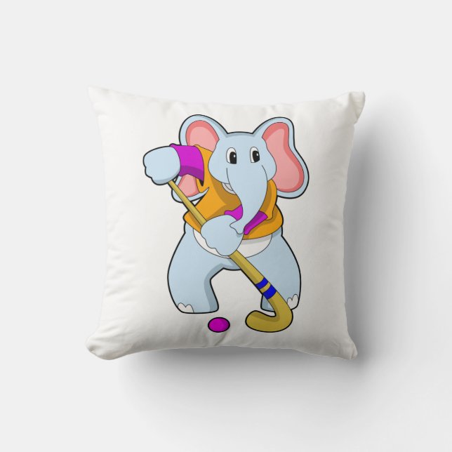 Elephant at Hockey with Hockey bat Throw Pillow (Front)
