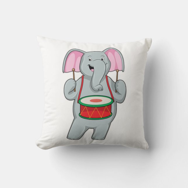 Elephant at Music with Drum Throw Pillow (Front)