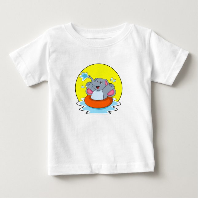 Elephant at Swimming with Lifebuoy Baby T-Shirt (Front)