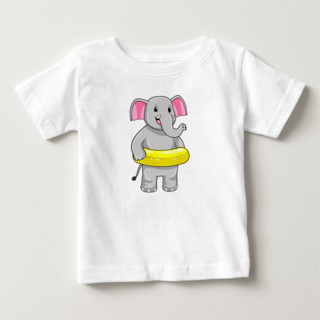 Elephant at Swimming with Lifebuoy Baby T-Shirt (Front)