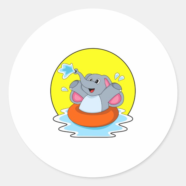 Elephant at Swimming with Lifebuoy Classic Round Sticker (Front)