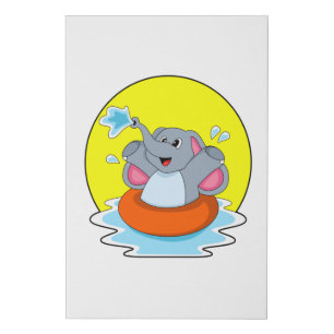 Elephant at Swimming with Lifebuoy Faux Canvas Print