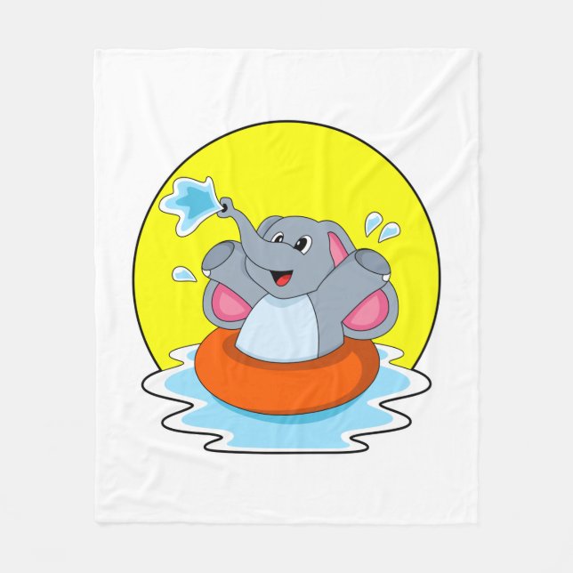Elephant at Swimming with Lifebuoy Fleece Blanket (Front)