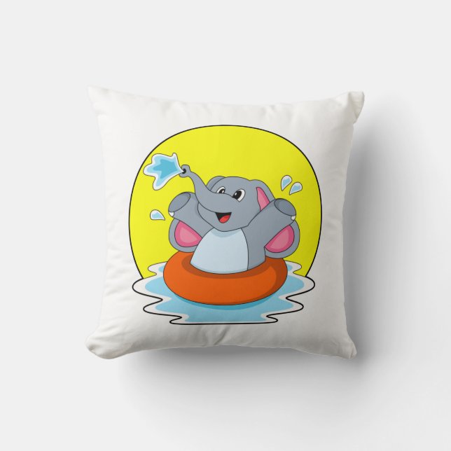 Elephant at Swimming with Lifebuoy Throw Pillow (Front)