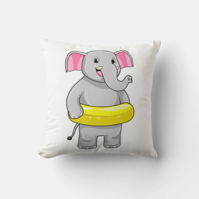 Elephant at Swimming with Lifebuoy Throw Pillow (Front)