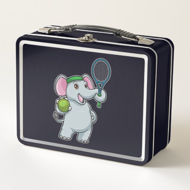 Elephant at Tennis with Tennis racket Metal Lunch Box (Front)