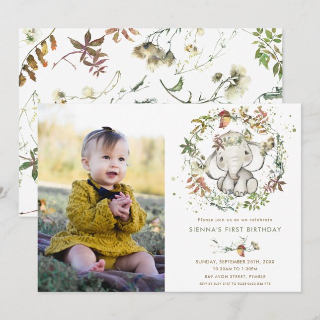 Elephant Autumn Fall Gender Neutral Birthday Photo Invitation (Front/Back)