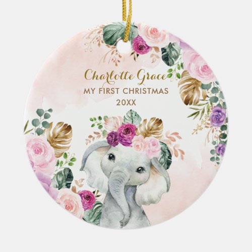 Elephant Baby 1st Christmas Blush Floral Greenery Ceramic Ornament