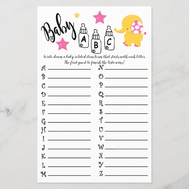 ELEPHANT BABY ABC BABY SHOWER GAME CARD FLYER (Front)