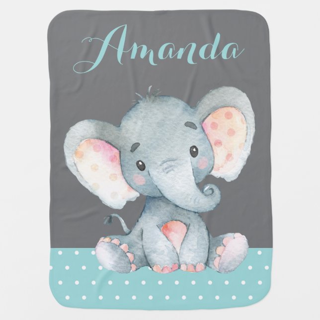 Elephant Baby Aqua and Gray Baby Blanket (Front)