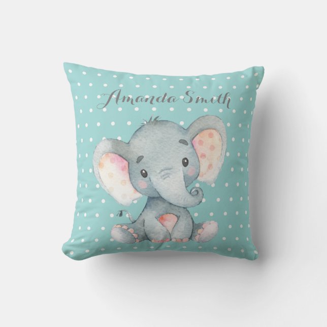 Elephant Baby Aqua Teal Turquoise and Gray Throw Pillow (Front)