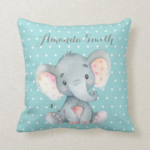 Elephant Baby Aqua Teal Turquoise and Gray Throw Pillow
