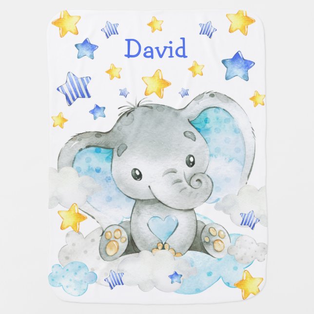 Elephant Baby Blanket Stars Cute Baby Blue Custom (Front)