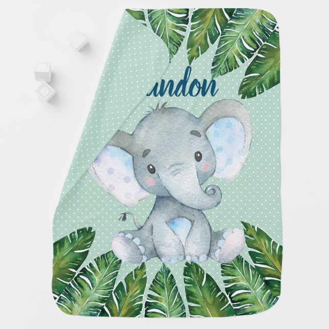 Elephant baby blanket tropical leaves polka dot (In Situ)