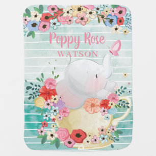 Elephant Baby Blanket with Flowers + Custom Name