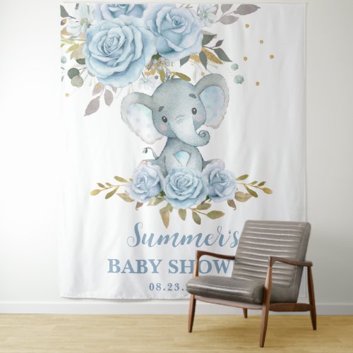 Elephant Baby Blue Floral Baby Shower Backdrop