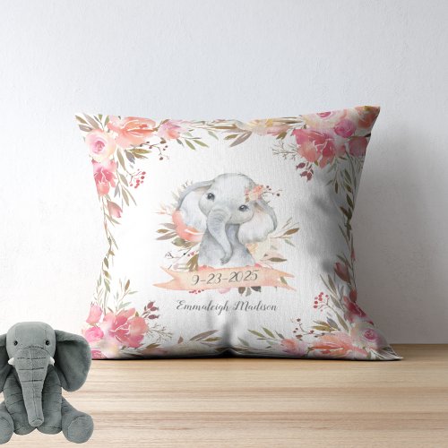 Elephant Baby Boho Chic Coral Watercolor Throw Pillow