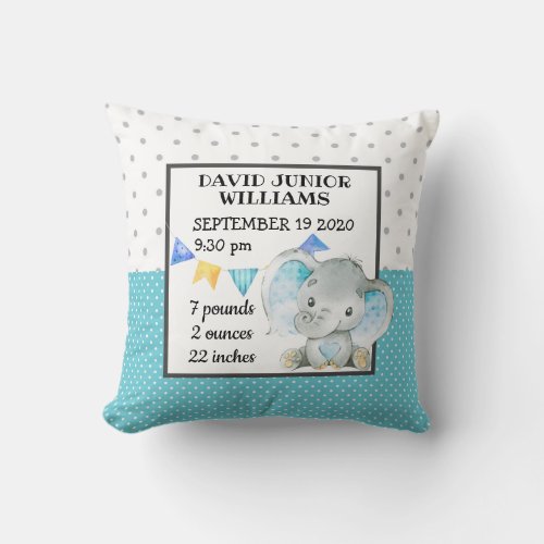 Elephant Baby Boy Birth Stats Nursery Throw Pillow