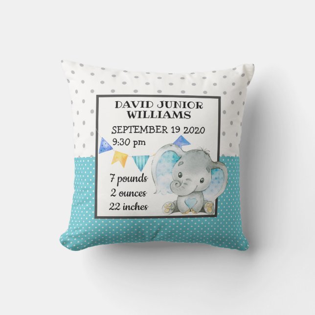 Elephant Baby Boy Birth Stats Nursery Throw Pillow (Front)