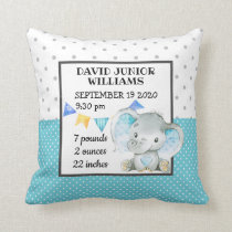 Elephant Baby Boy Birth Stats Nursery Throw Pillow