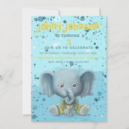 Elephant baby boy birthday invitation