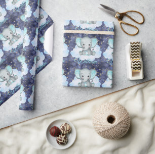 Elephant Baby Boy Blue Sky Gold Stars Custom Name Wrapping Paper