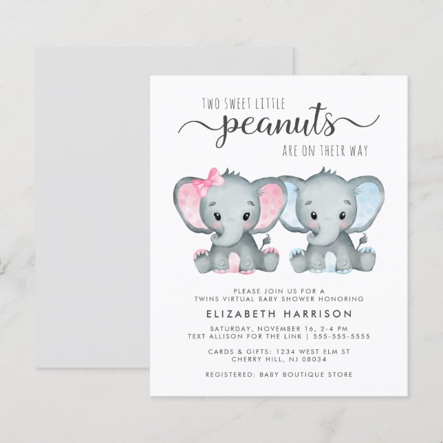 Elephant Baby Boy Girl Twins Virtual Shower Invite (Front/Back)