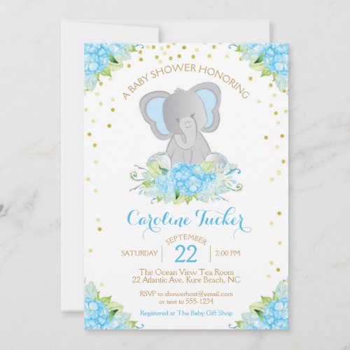 Elephant Baby Boy Shower Boho Floral Blue Gold Invitation