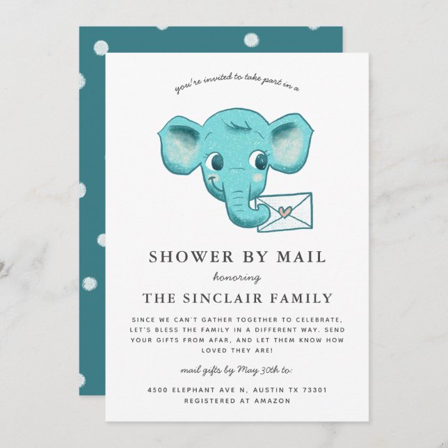 Elephant Baby Boy Shower By Mail Invitation (Front/Back)