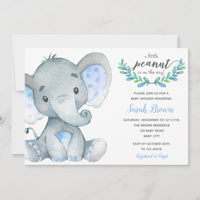 Elephant baby boy shower invitations (Watercolor) (Front)
