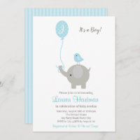Elephant Baby Boy Shower Invitations with Balloon