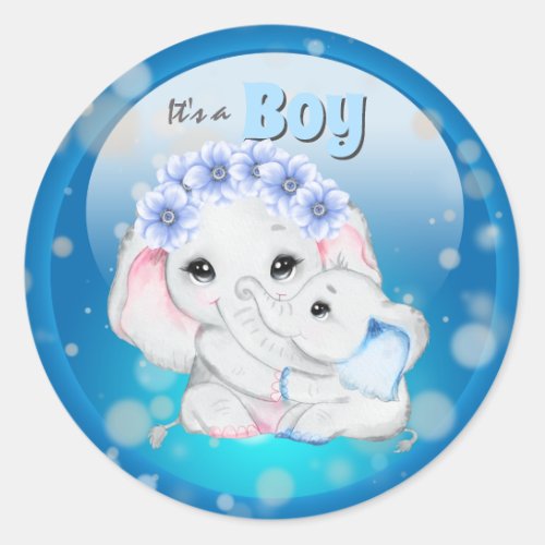 Elephant baby boy with mother its a boy classic round sticker