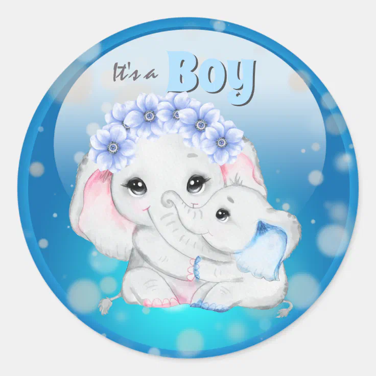 Elephant baby boy with mother it's a boy classic round sticker | Zazzle Elephant baby boy with mother it's a boy classic round sticker | Zazzle