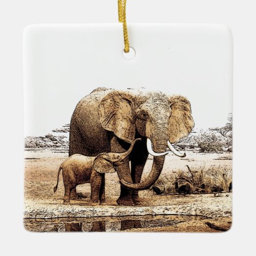 Elephant  Baby Elephant Ceramic Ornament