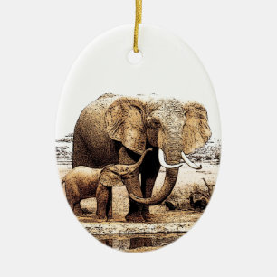 Elephant & Baby Elephant Ceramic Ornament