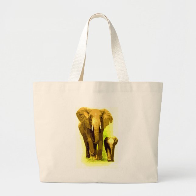 Elephant & Baby Elephant Walking Large Tote Bag (Front)