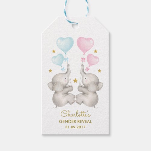 Elephant Baby Gender Reveal Blue Pink Gold Favors Gift Tags