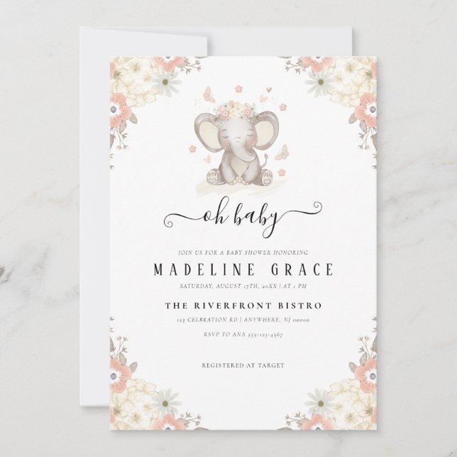 Elephant Baby Girl Baby Shower Invitation (Front)