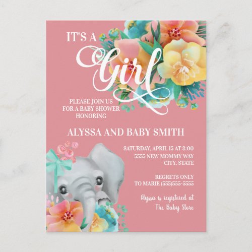 Elephant Baby Girl Baby Shower Pink Yellow Teal Postcard