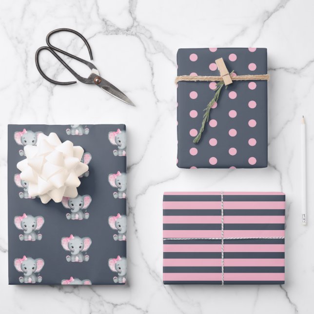 Elephant Baby Girl Baby Shower Wrapping Paper Sheets (Front)