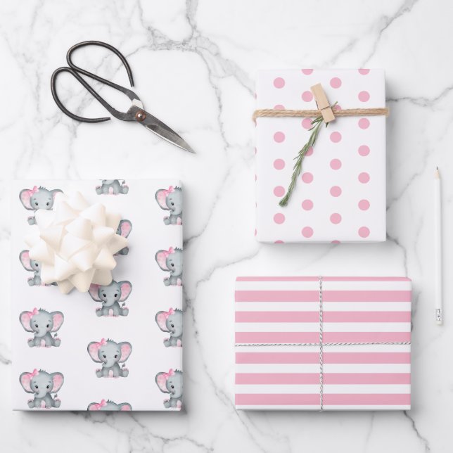 Elephant Baby Girl Baby Shower  Wrapping Paper Sheets (Front)