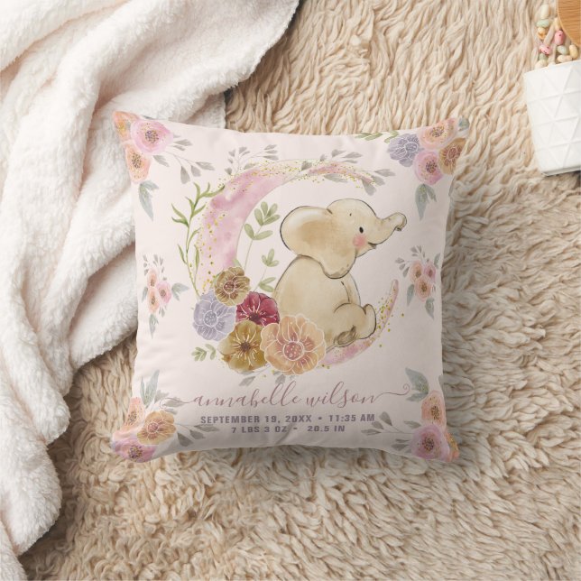 Elephant Baby Girl Birth Stats Photo Throw Pillow (Blanket)