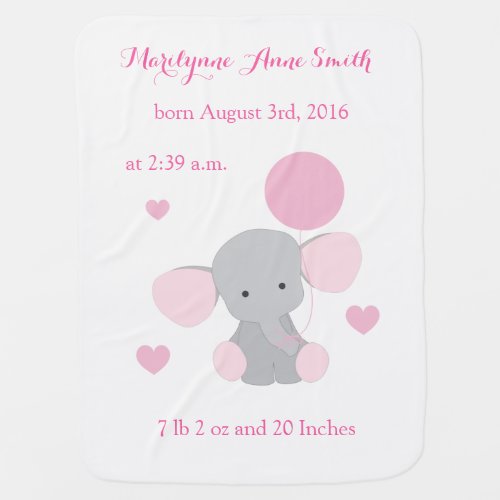 Elephant Baby Girl Birth Stats Pink Gray Chevron Swaddle Blanket