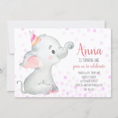 Elephant Baby Girl Blush Pink Confetti Jungle Cute Invitation