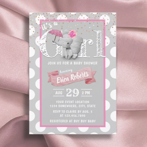 Elephant Baby Girl Cute Polka Dot Grey Baby Shower Invitation