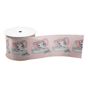 Elephant Baby Girl Pink and Gray Pattern Pink Satin Ribbon